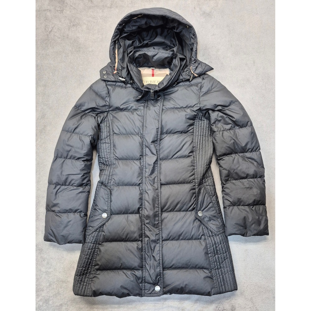 Burberry Brit Womens XS Black Down Puffer Coat Nova Check Hooded Quilted